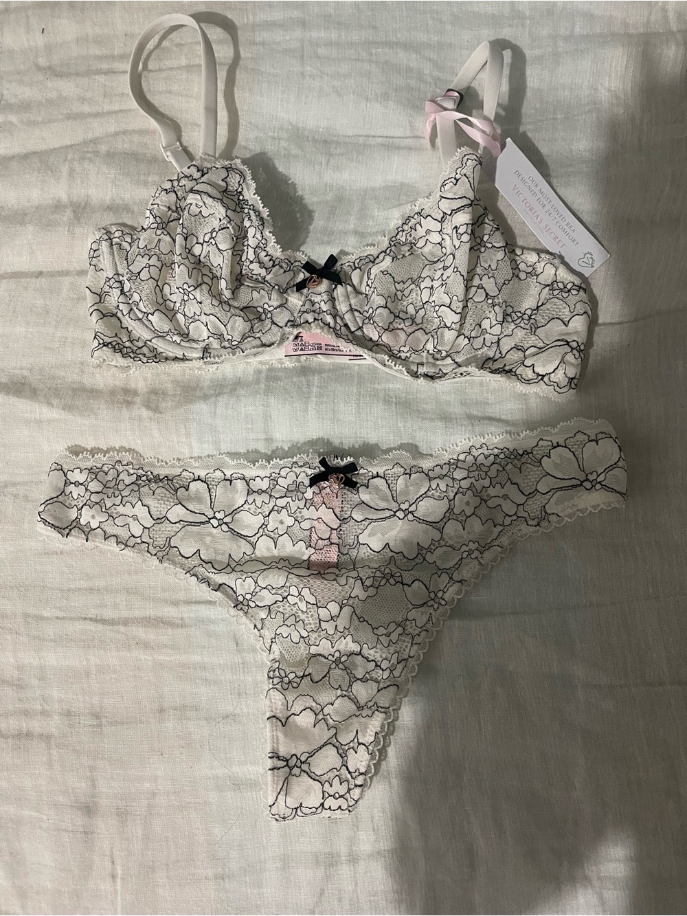Victoria's Secret White Lace Bra & Thong Set with Black Floral Pattern